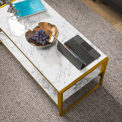 HOMCOM Coffee Table, Two-Tier Marble Centre Table with Metal Frame and Storage Shelf for Living Room, 106 x 50 x 45cm, White 
