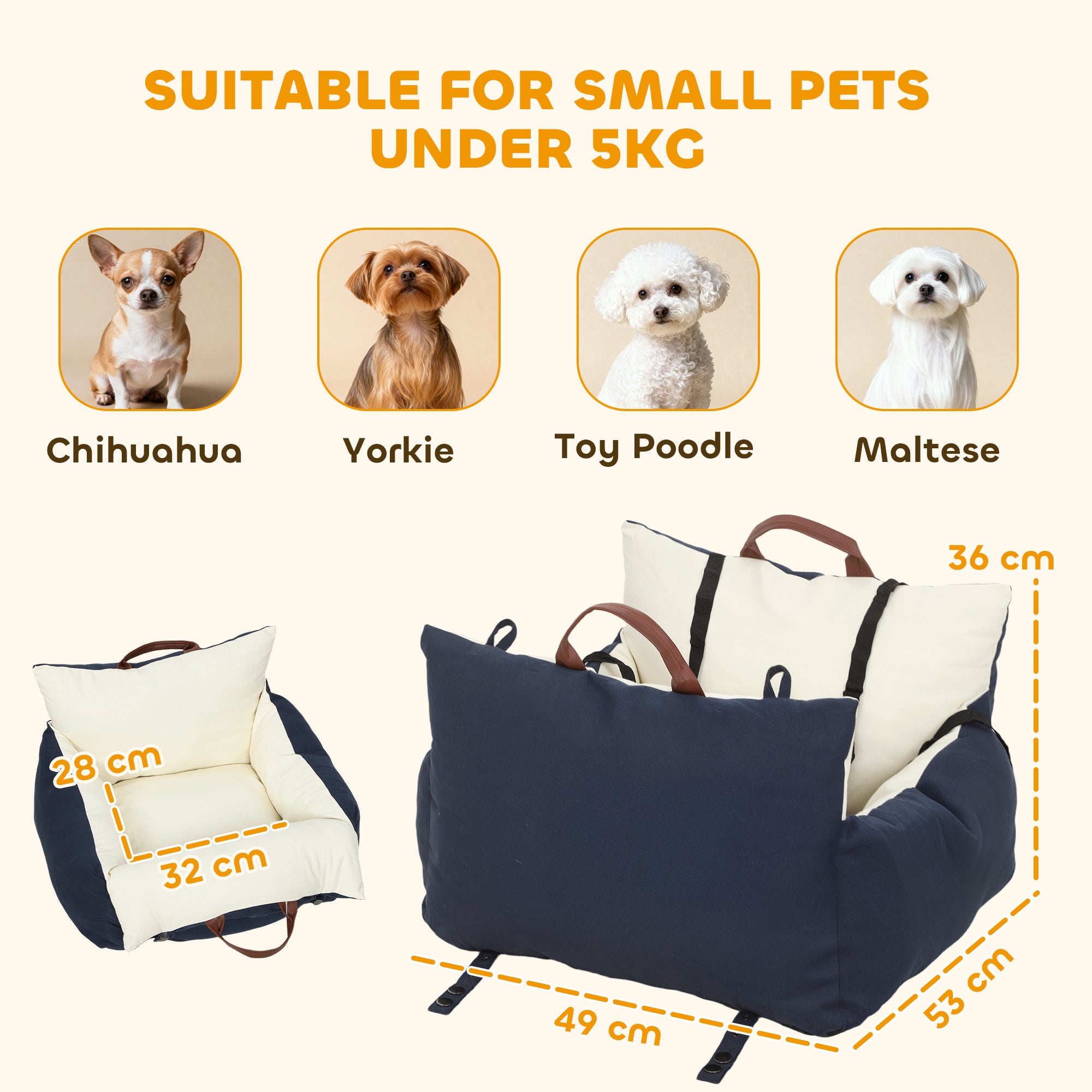 PawHut Dog Car Seat, Cosy Pet Car Booster Seat for Small Dog Under 5 KG, Portable Travel Bed with Safety Belts, Navy Blue 