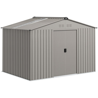 Outsunny Garden Storage Shed, Metal Outdoor Storage Shed House with Foundation Kit, Ventilation, Doors, 9 x 6FT, Grey