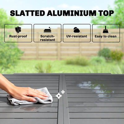 Outsunny Extending Garden Table for 4-8 People, Aluminium Outdoor Dining Table with Slatted Top, Dark Grey 
