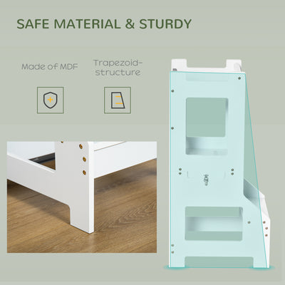 HOMCOM 2 in 1 Kids Kitchen Step Stool with Safety Rail Toddler Steps with Chalkboard for Kitchen Bathroom, White 
