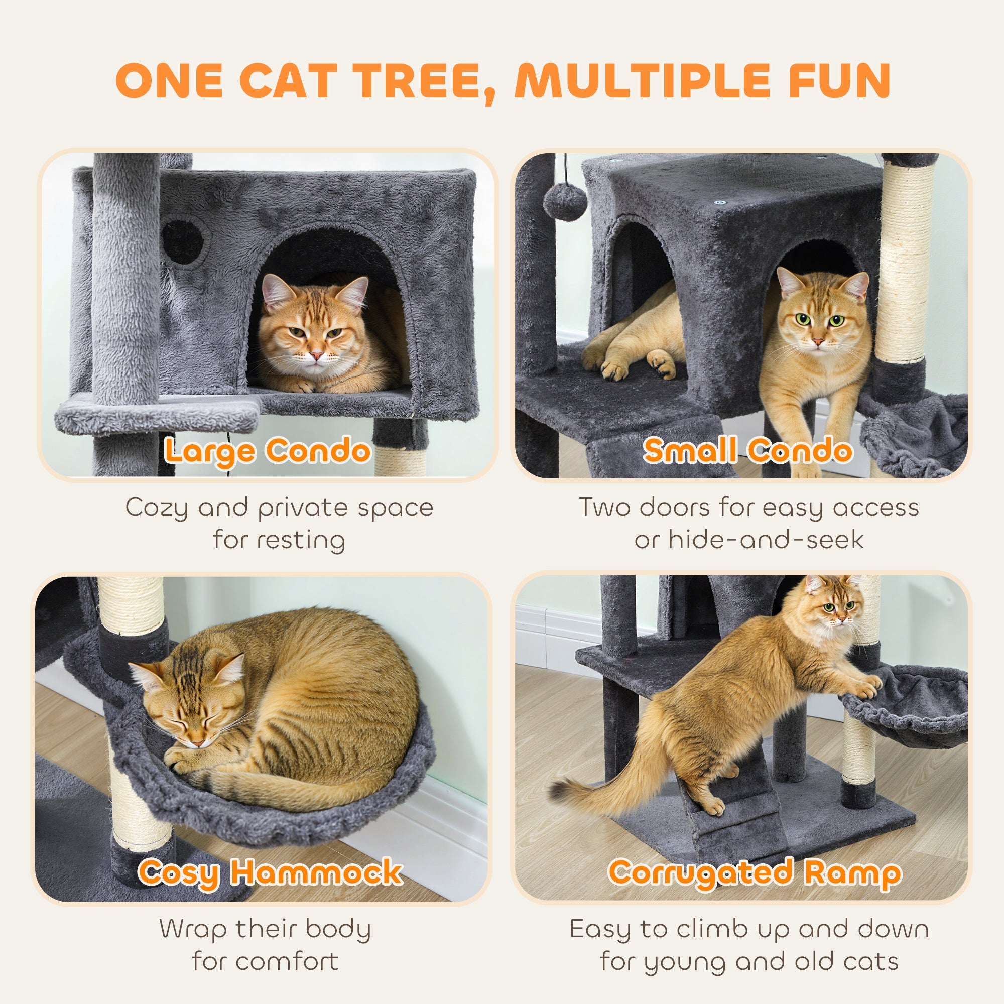 PawHut 160cm Large Cat Tree Tower with Sisal Scratching Posts, Condos, Plush Perches, Hammock, Ladder, Dark Grey 