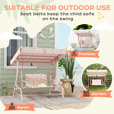 AIYAPLAY Kids Garden Swing Chair with Adjustable Canopy, Safety Belt, 2 Seater Hammock Swing Bench for Patio, Porch, Pink 