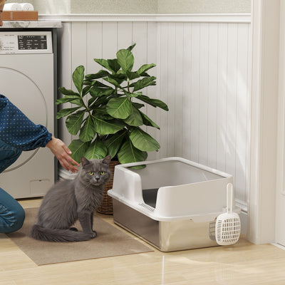 PawHut Stainless Steel Litter Box with Detachable Rim, Scoop, Easy Cleaning, Odour-Resistant, 60 x 40 x 28 cm 