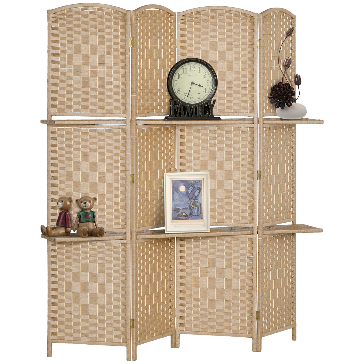 HOMCOM 4-panel room divider screen 160 x 170 cm with 2 shelves, foldable, wood