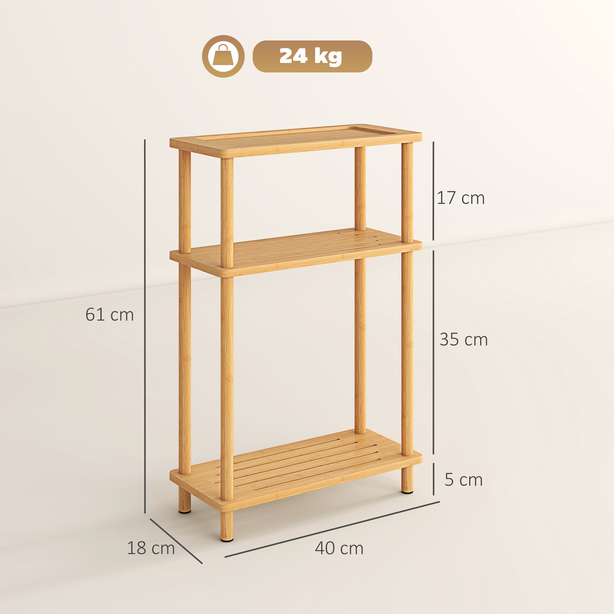 HOMCOM Bamboo Side Table, 3-Tier Slim End Table, Nordic Style, for Living Room, Bedroom, Office, Tool-Free Assembly, Natural Wood Finish 