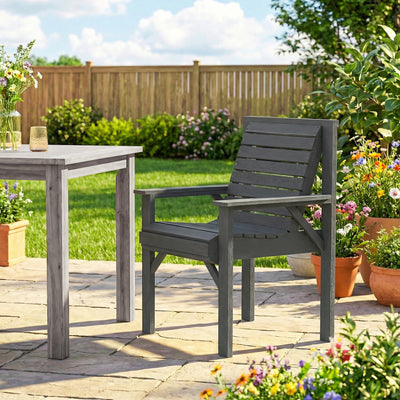 Outsunny Wooden Garden Dining Chair, Outdoor Chair Garden Armchair with Curved Seat and Wide Armrests, Grey Embossed Finish 