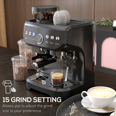 HOMCOM 15 Bar Coffee Machine, with Adjustable Grind, Steamer and Accessories 