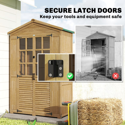 Outsunny Outdoor Wooden Storage Cabinet, Garden Tool Shed with Acrylic Windows for Patio, Light Brown 