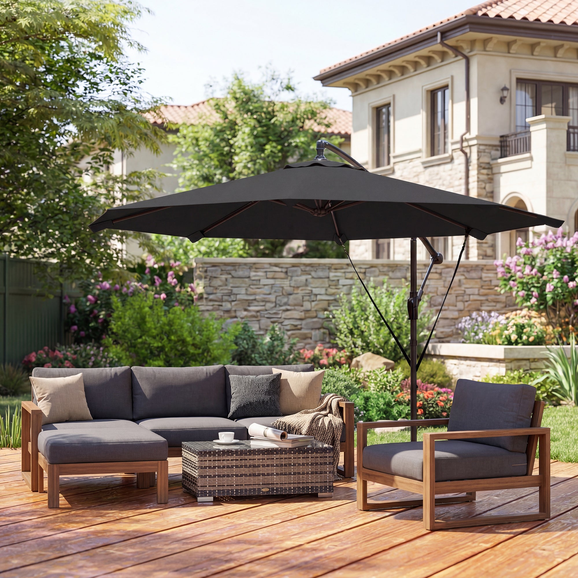 Outsunny 3 m Cantilever Parasol with Protective Cover and Wind Ropes, Banana Parasol with Crank Handle, Black 