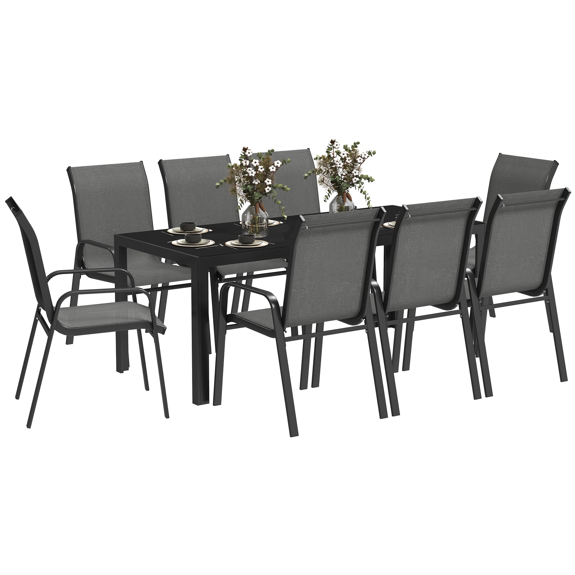 Outsunny 8 Seater Garden Dining Set with Stacking Chairs, Rectangular Tempered Glass Top, Garden Furniture Set, Outdoor Dining Table and Chairs for Patio, Balcony, Poolside, Dark Grey 