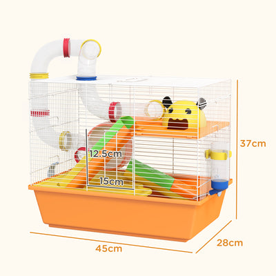 PawHut 3 Tiers Gerbil Cage, Hamster Cage with Tubes, Exercise Wheel, Ladder, Top Handle, 45 x 28 x 37cm - Orange 