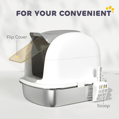 PawHut Stainless Steel Cat Litter Box with Lid, for Cats, Enclosed Cat Litter Box with Flip Cover, Scoop 