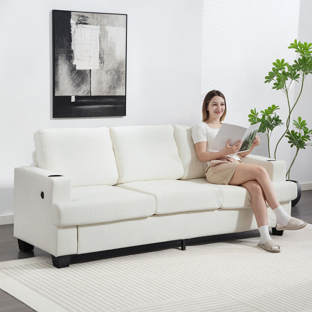 HOMCOM 3 Seater Sofa with USB Ports & Cup Holders - Cream White 