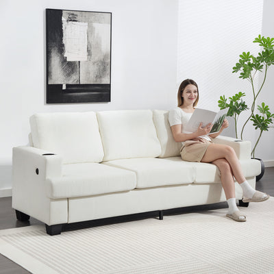 HOMCOM 3 Seater Sofa with USB Ports & Cup Holders - Cream White 