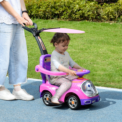 AIYAPLAY 3 in 1 Ride on Push Car, Cartoon Robot Theme Foot to Floor Slider w/ Handle Light Music Horn, Storage - Pink 