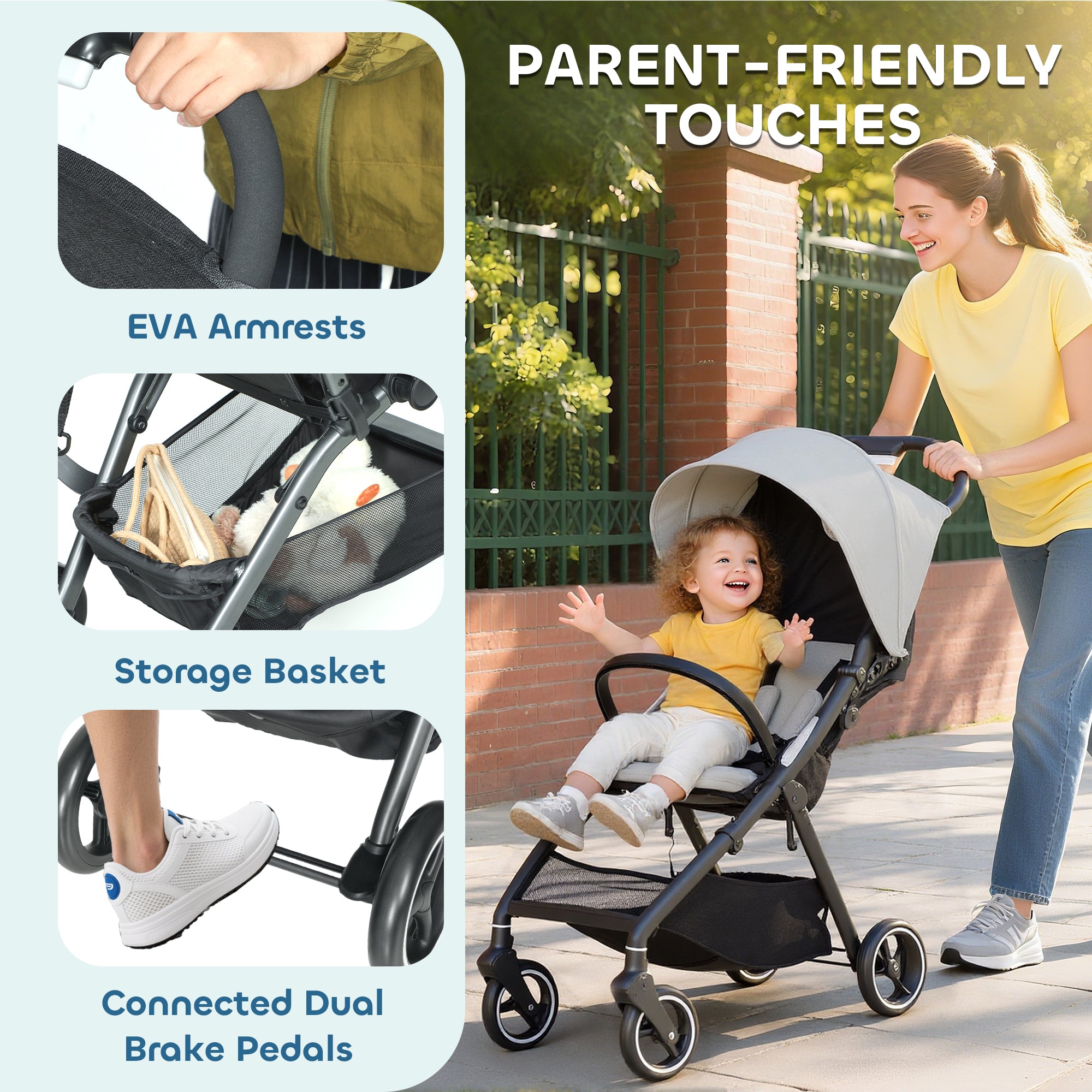 AIYAPLAY Travel Stroller, Lightweight Pushchair, Compact Buggy with Canopy, Basket and Multi-Position Recline, Light Grey