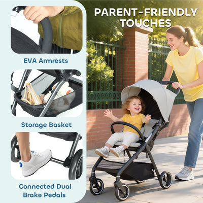 AIYAPLAY Travel Stroller, Lightweight Pushchair, Compact Buggy with Canopy, Basket and Multi-Position Recline, Light Grey 