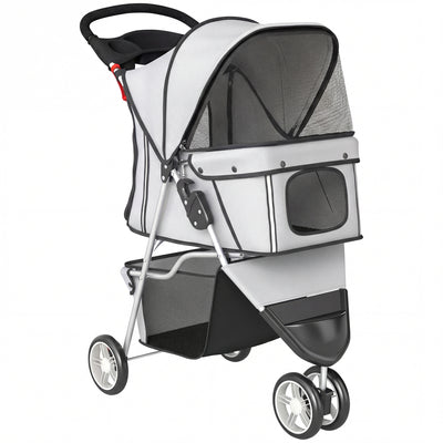 PawHut Dog Stroller, 3 Wheels Foldable Pet Stroller with Adjustable Canopy, Storage Basket for Small Mini Breeds, Grey 