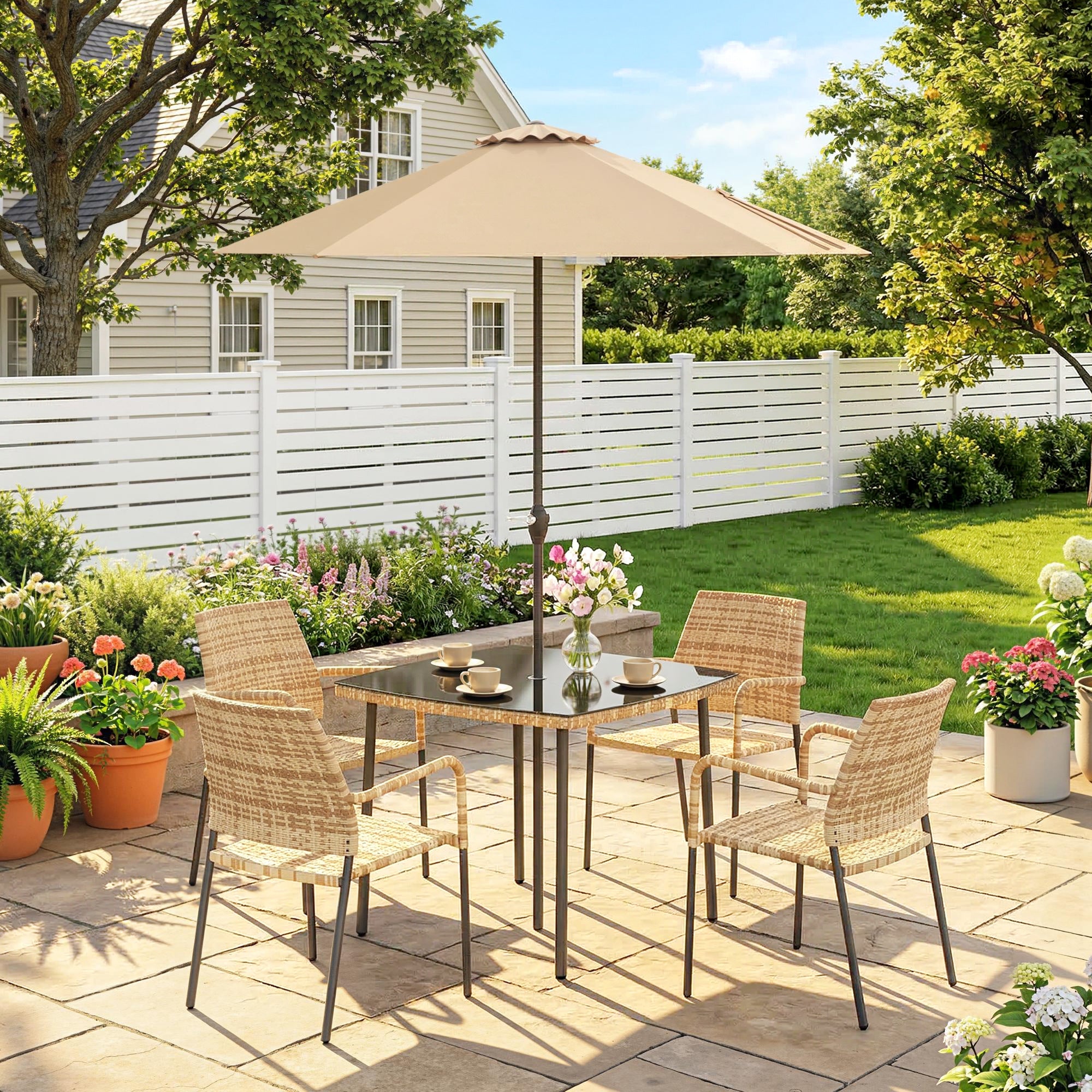 Outsunny 4 Seater Rattan Dining Set with Parasol, 6 Piece Garden Table and Stackable Chairs with Tempered Glass Tabletop 