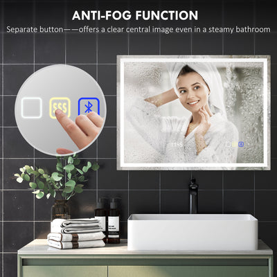HOMCOM 60 x 80 cm Anti-Fog LED Bathroom Mirror, with Bluetooth and Clock - Silver Tone 