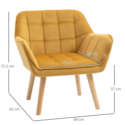 HOMCOM Armchair Accent Chair, Vanity Chair with Wide Arms, Slanted Back, Padding, Metal Frame, Wooden Legs, Home Bedroom Furniture Seating, Set of 2, Yellow 