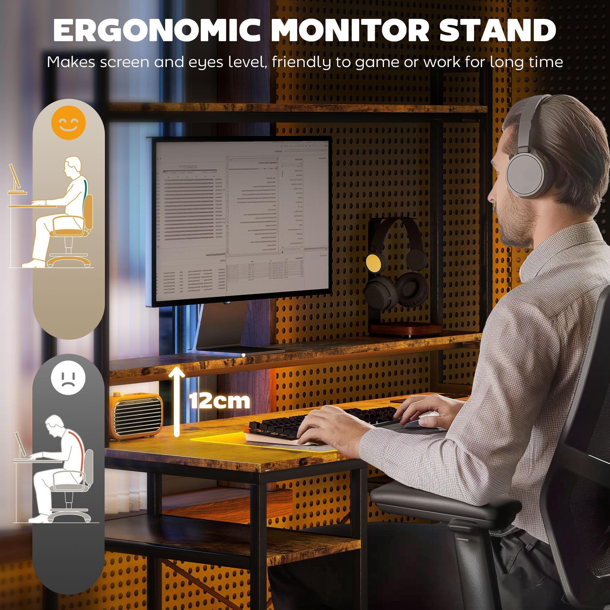 HOMCOM Computer Desk with Power Outlets and LED Lights, Home Office Desk with Monitor Stand and 2 CPU Stands, Study Table Gaming Desk with Hutch, Rustic Brown 