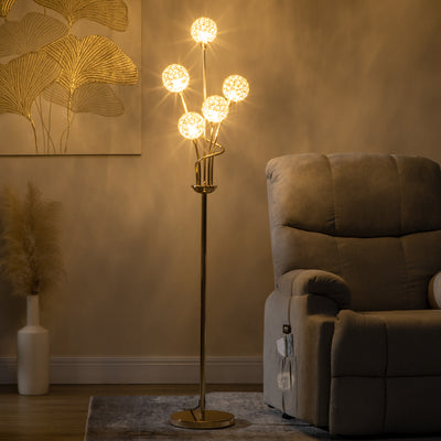 HOMCOM Crystal Floor Lamps for Living Room Bedroom with 5 Light, Modern Upright Standing Lamp, 34x25x156cm, Gold Tone 