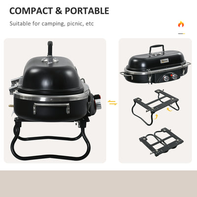 Outsunny Foldable Gas BBQ Grill 2 Burner Table Top Barbecue with Lid Piezo Ignition Thermometer for Camping Picnic Cooking, Aluminium Alloy 