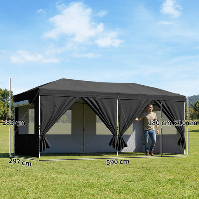 Outsunny 3 x 6 m Pop Up Canopy with UV50+ Protection Garden Gazebo with 6 Sidewalls, Black 