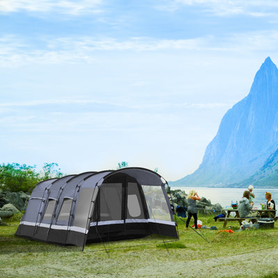 Outsunny 8-Person Camping Tent, Waterproof Family Tent, Tunnel Design, 4 Large Windows, Sleeping Cabins 3000mm Water Column Grey 