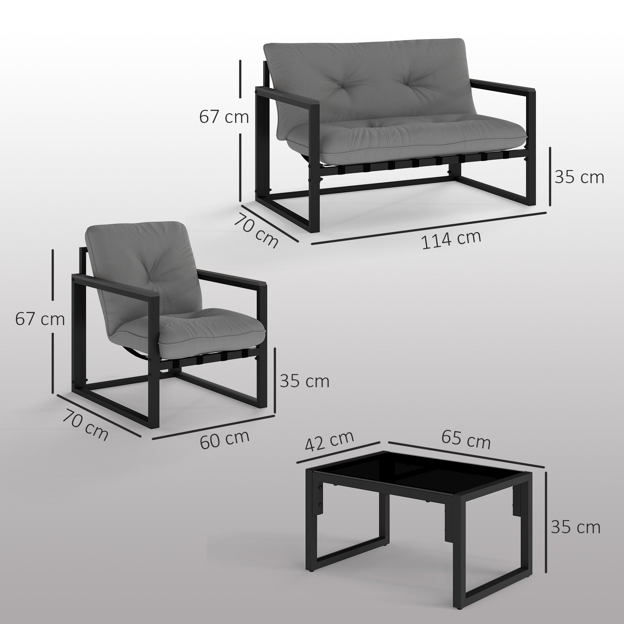 Outsunny Garden Furniture Set, 4 Piece Indoor Outdoor Conservatory with Loveseat Sofa, Armchairs, Glass Top Coffee Table, Cushions for Balcony, Poolside, Patio, Dark Grey 