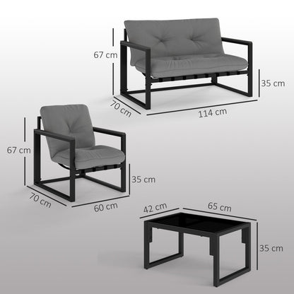 Outsunny Garden Furniture Set, 4 Piece Indoor Outdoor Conservatory with Loveseat Sofa, Armchairs, Glass Top Coffee Table, Cushions for Balcony, Poolside, Patio, Dark Grey 