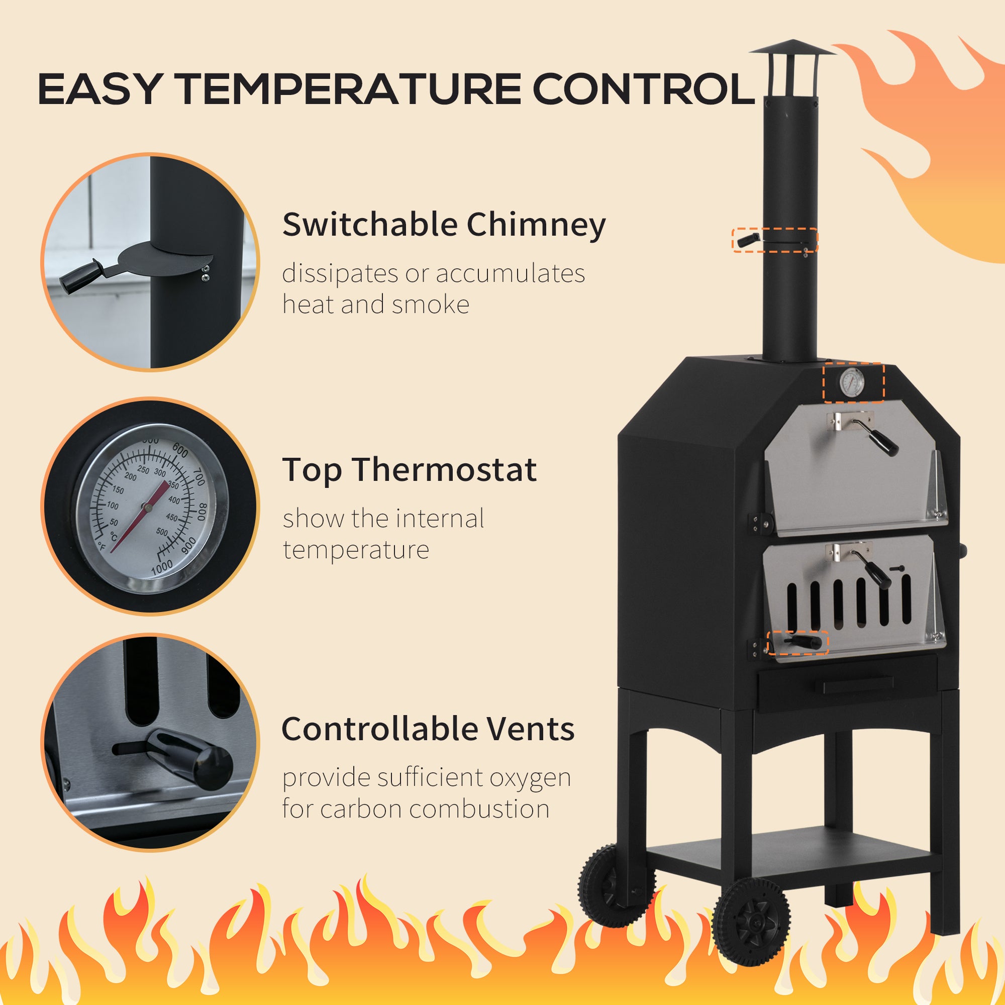 Outsunny Outdoor Garden Pizza Oven Charcoal BBQ Grill 3-Tier Freestanding w/ Chimney, Mesh Shelf, Thermometer Handles, Wheels Garden Party Gathering Stainless Steel Cooker 
