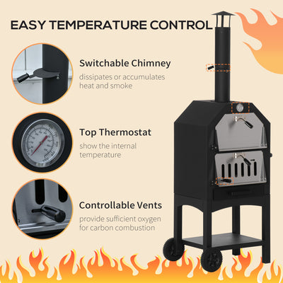 Outsunny Outdoor Garden Pizza Oven Charcoal BBQ Grill 3-Tier Freestanding w/ Chimney, Mesh Shelf, Thermometer Handles, Wheels Garden Party Gathering Stainless Steel Cooker 