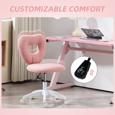 HOMCOM Armless Heart Computer Desk Chair, Teddy Fleece Swivel Office Chair, Makeup Vanity Chair with Height Adjustable, Wheels, for Home Study Bedroom, Pink 