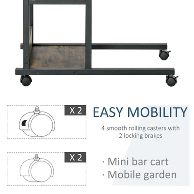 HOMCOM C-Shaped Side Table Industrial Mobile Rolling End Desk with 3-Tier Storage Shelving, Adjustable Height, Wheels 