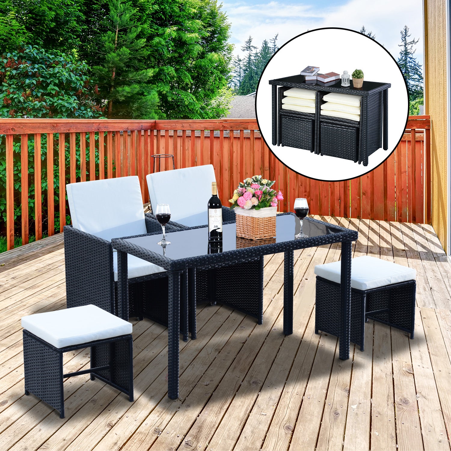 Outsunny 2 Seater Rattan Cube Garden Furniture Set, Rattan Dining Set with Cushions, Outdoor Dining Table and Chairs with 2 Armchairs, 2 Stools, Rectangular Glass Top Table for Patio, Balcony, Black 