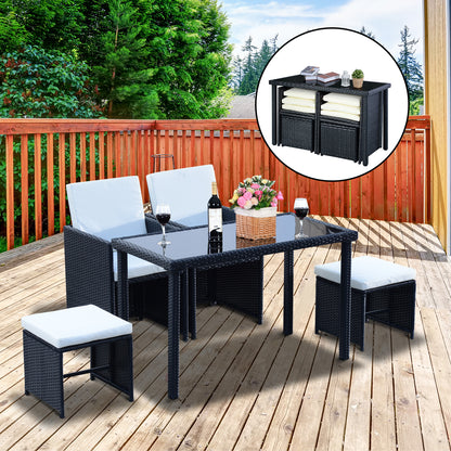 Outsunny 2 Seater Rattan Cube Garden Furniture Set, Rattan Dining Set with Cushions, Outdoor Dining Table and Chairs with 2 Armchairs, 2 Stools, Rectangular Glass Top Table for Patio, Balcony, Black 