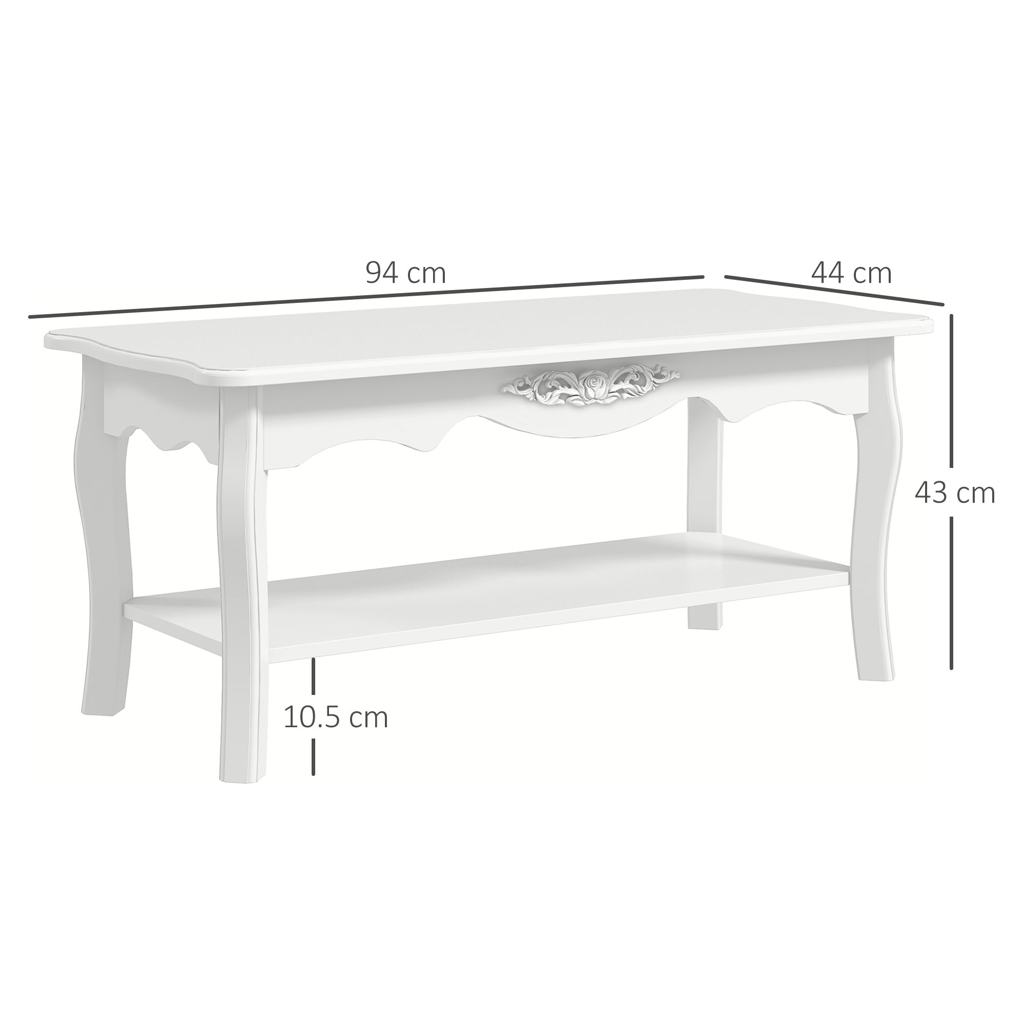 HOMCOM White Coffee Table Wood Cocktail Tea Centre Table with Storage Shelf for Living Room Reception Room, 94L x 44W x 42H cm 