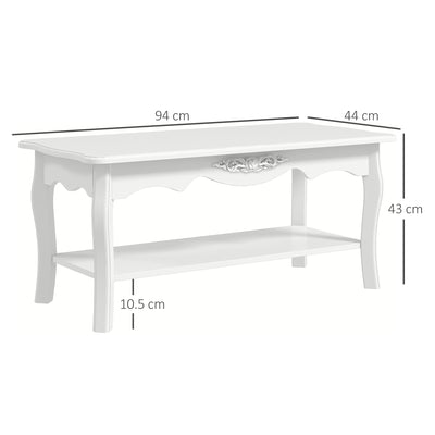HOMCOM White Coffee Table Wood Cocktail Tea Centre Table with Storage Shelf for Living Room Reception Room, 94L x 44W x 42H cm 