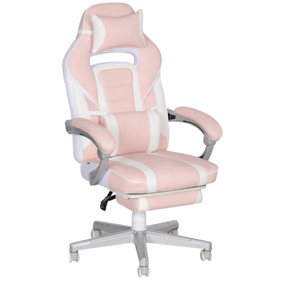 HOMCOM Faux Leather Reclining Gaming Chair, with Footrest - Pink/White 