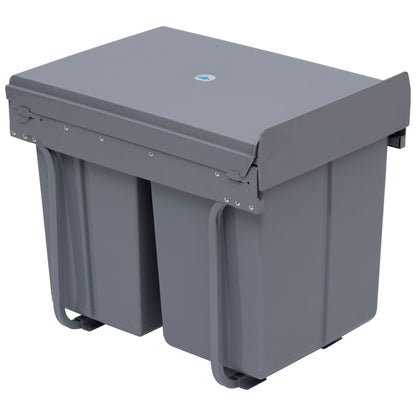 HOMCOM Kitchen Recycle Waste Bin Pull Out Soft Close Dustbin Recycling Cabinet Trash Can Grey (40L (1x20L+2x10L)) 