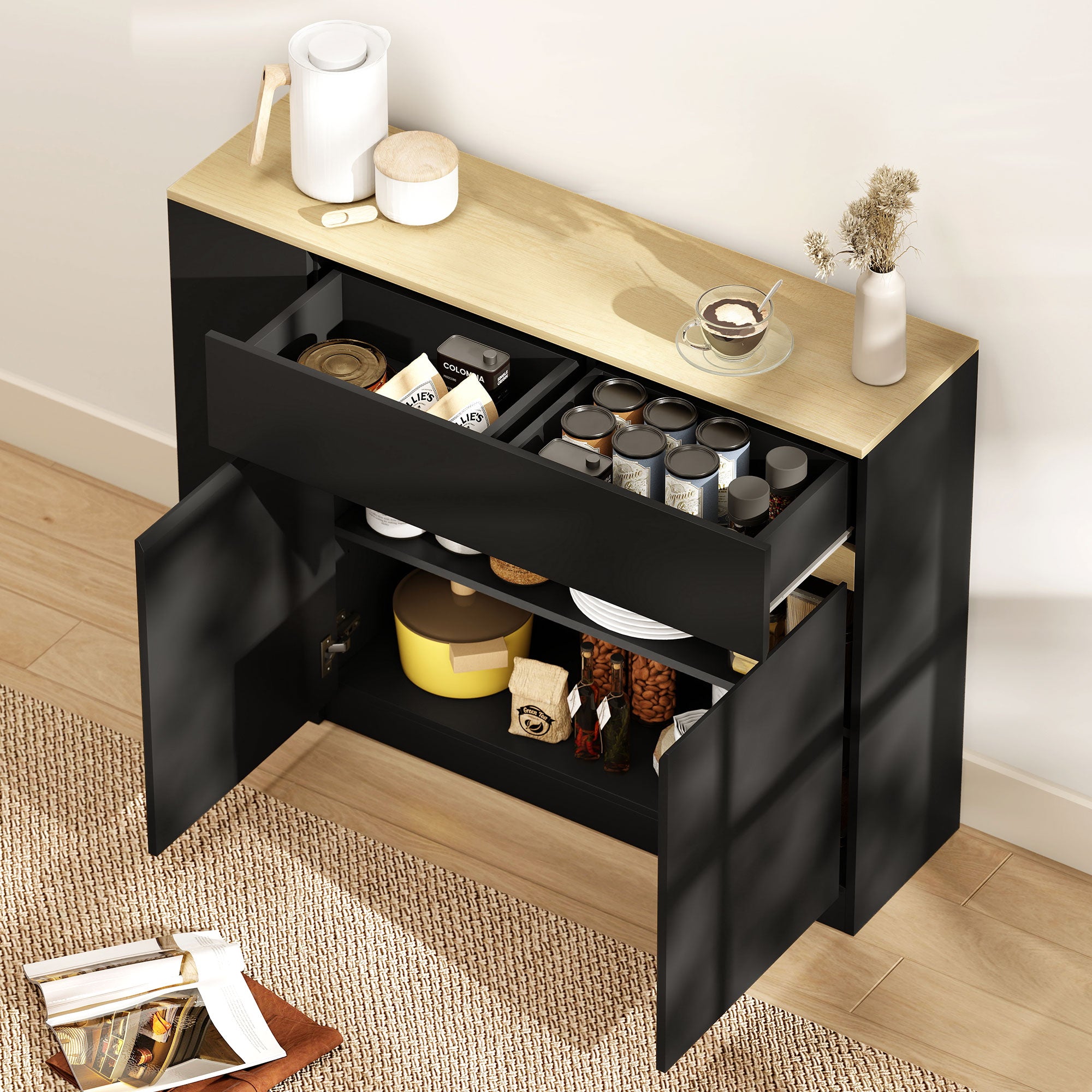HOMCOM Sideboard, Storage Cabinet with Adjustable Shelf, 2 Drawers, 3 Open Shelves, Black 