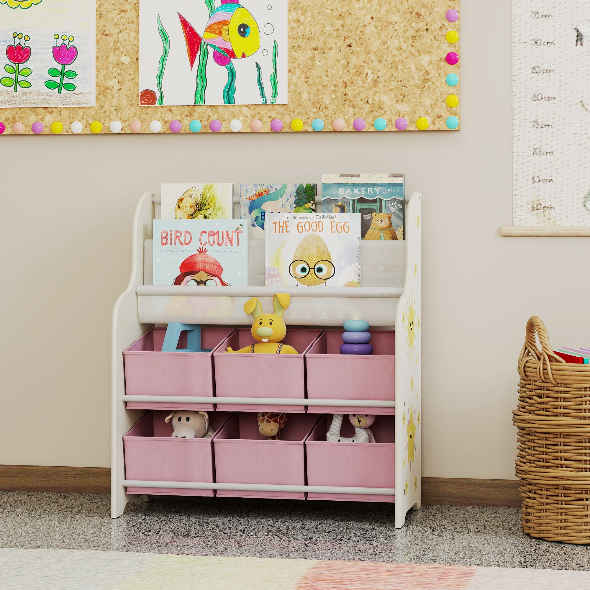 AIYAPLAY Kids Storage Unit, Toy Organiser with 6 Fabric Drawers and 2-Tier Sling Book Rack for Bedroom, Playroom, Nursery, Pink 