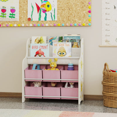 AIYAPLAY Kids Storage Unit, Toy Organiser with 6 Fabric Drawers and 2-Tier Sling Book Rack for Bedroom, Playroom, Nursery, Pink 