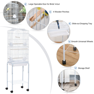 PawHut Bird Cage Budgie Cages for Finch Canary Parakeet with Stand Wheels Slide-out Tray Accessories Storage Shelf, White 46.5 x 36 x 157 cm 