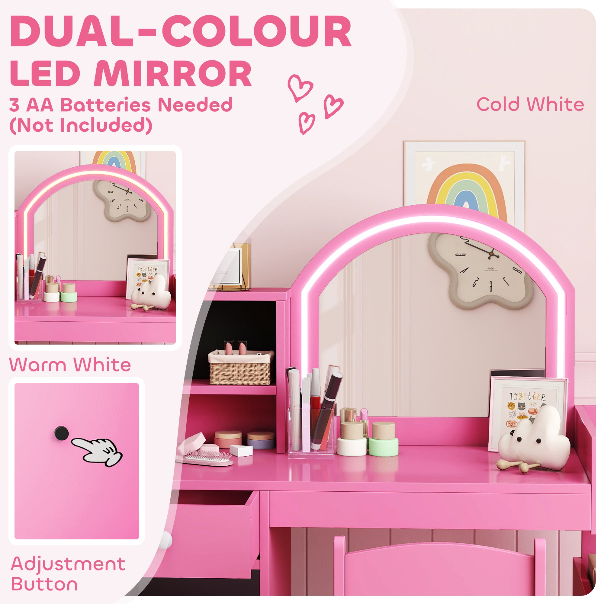 AIYAPLAY Kids Vanity Table and Chair Set, Girls Dressing Table with 2-Colour LED Mirror, Stool, Cabinet, Drawer, Shelves, Pink 