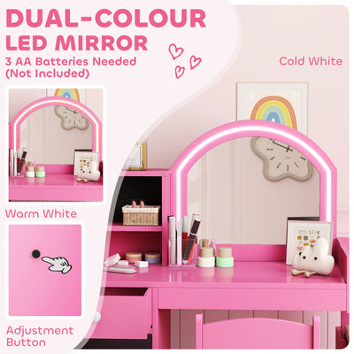 AIYAPLAY Kids Vanity Table and Chair Set, Girls Dressing Table with 2-Colour LED Mirror, Stool, Cabinet, Drawer, Shelves, Pink 