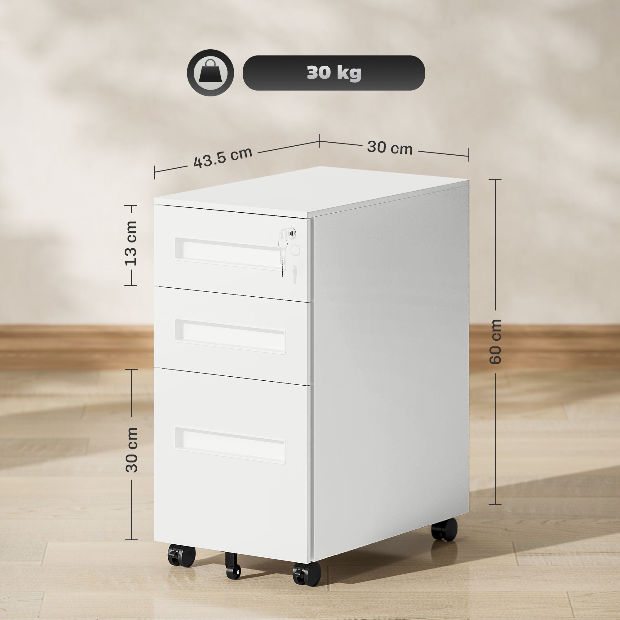 Vinsetto Metal Mobile File Cabinet with Wheels, Lockable 3 Drawer Filing Cabinet for A4, Legal, Letter, Compact Under Desk Storage Unit with Pre-Assembled Body for Home Office, 30 x 43.5 x 60cm, White 
